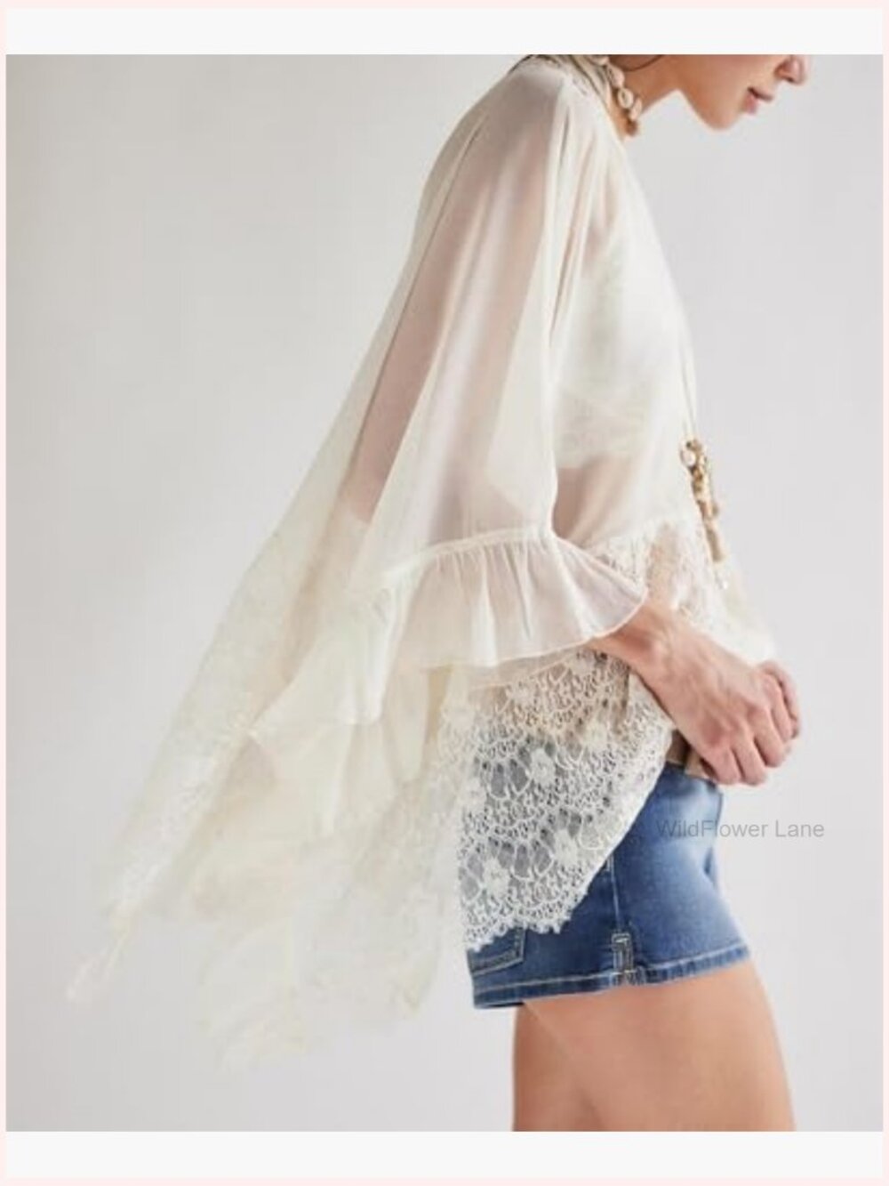 Lace Poncho Top Y2k Batwing Sleeve Sheer See Through Chiffon Blouse Loose - Picture 2 of 7